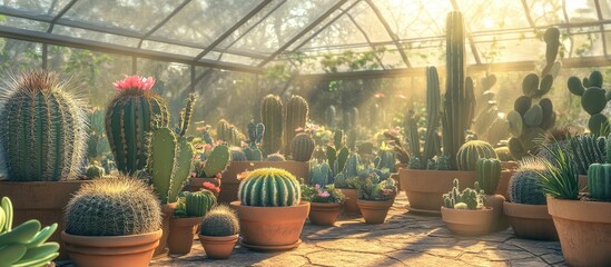 Poster - Colorful collection of cacti thriving in ceramic pots illuminated by sunlight in a greenhouse ideal for enhancing indoor decor