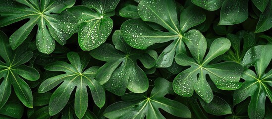 Poster - Lush green leaves adorned with dew droplets creating a serene nature-inspired backdrop ideal for wallpaper designs