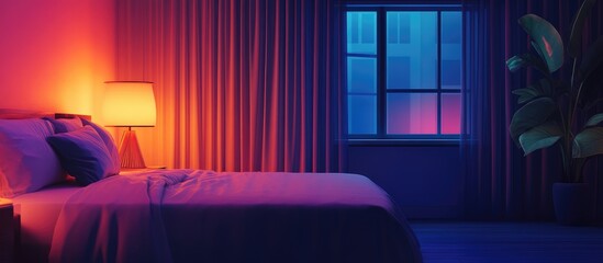 Poster - Vibrant bedroom featuring soft pink and blue hues with modern lamp and large window casting colorful light on the empty bed and floor space