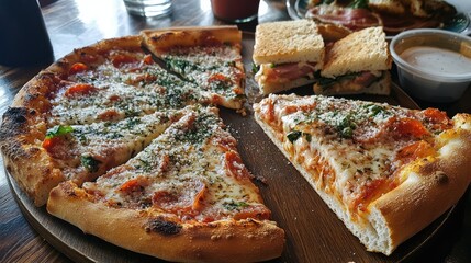 Poster - Culinary delight featuring a pizza and sandwiches on a wooden table showcasing vibrant toppings and textures inviting indulgence.