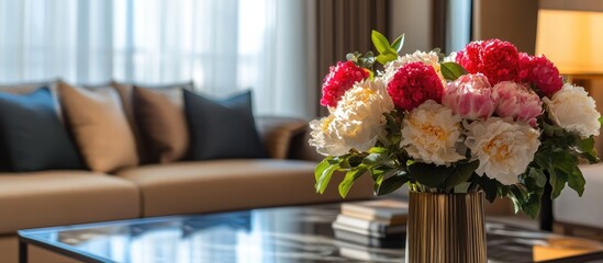 Poster - Vibrant fresh flower arrangement in modern living room enhancing stylish interior decor with cozy furniture and natural light.