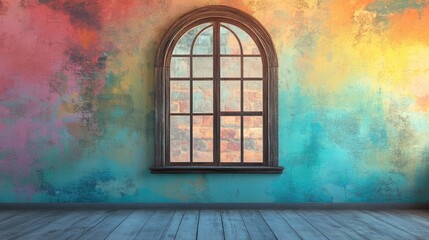 Poster - Vintage arched window against a vibrant abstract wall with colorful textures and wooden floor in a nostalgic artistic interior setting