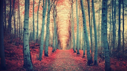 Poster - Serene autumn forest path with vibrant foliage and tall trees creating a magical atmosphere in nature's beautiful landscape