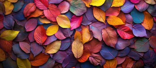 Poster - Vibrant autumn foliage background featuring a rich tapestry of colorful leaves in shades of orange, red, purple, and yellow with text space