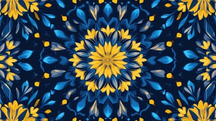 Poster - Vibrant blue and yellow floral kaleidoscope pattern on deep navy background showcasing intricate symmetrical design for creative applications