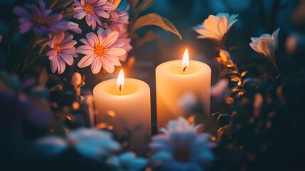 Poster - Serene Atmosphere of Two Illuminated Cream Candles Nestled Among Soft Purple and White Flowers in Dim Light Setting