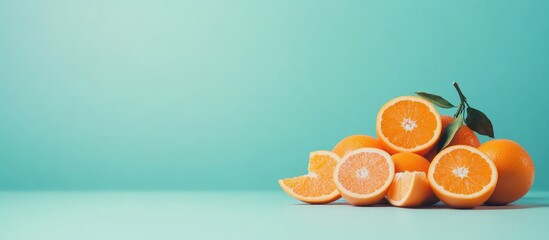 Poster - Vibrant assortment of fresh oranges and sliced segments in rich orange hues on a cool teal background with ample copy space for text.
