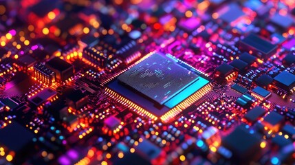 Fototapete - Vibrant colorful microchips with glowing circuitry showcasing advanced technology and electronic innovation for digital backgrounds
