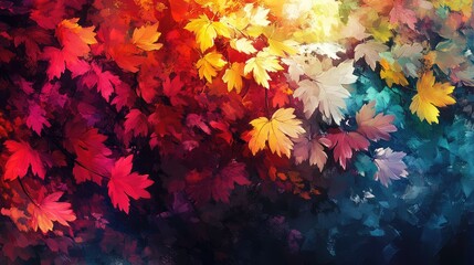Poster - Vibrant Multicolored Autumn Foliage with Soft Natural Illumination Showcasing Rich Reds Yellows and Oranges Against a Dark Background