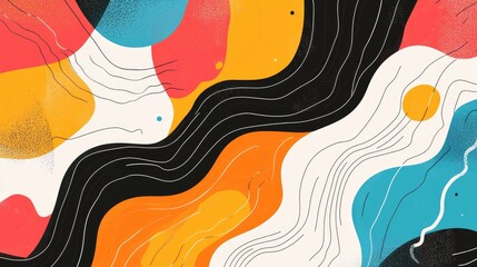 Aufkleber - Dynamic abstract composition featuring colorful shapes and flowing lines, perfect for backgrounds or textured design overlays.