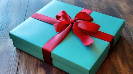 Poster - Elegant turquoise gift box with vibrant red ribbon on wooden background for festive celebrations and special occasions.