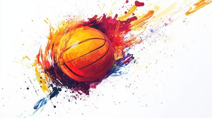 Poster - Dynamic Basketball with Splattered Paint Effect in Vibrant Red, Orange, Yellow, and Blue Against a Clean White Background, Showcasing Energy and Movement
