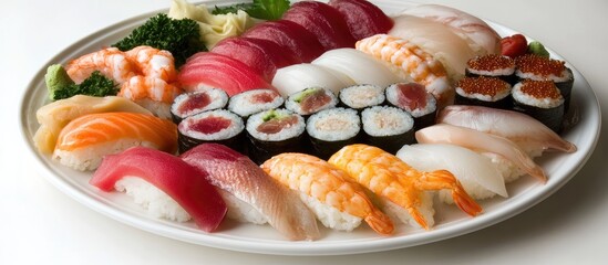 Aufkleber - Colorful sushi and sashimi platter featuring fresh seafood varieties on a white plate in a contemporary dining environment with negative space for text