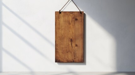 Aufkleber - Rustic vertical wooden signboard hanging against a minimalist white wall with natural light creating shadows for a warm aesthetic backdrop