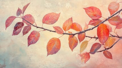 Poster - Vibrant orange and red autumn leaves on a delicate pastel background showcasing soft hues in an artistic composition.