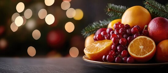 Aufkleber - Colorful assortment of fresh fruits including oranges grapes and apples on dark wooden table with warm bokeh lights in background and blank space for text