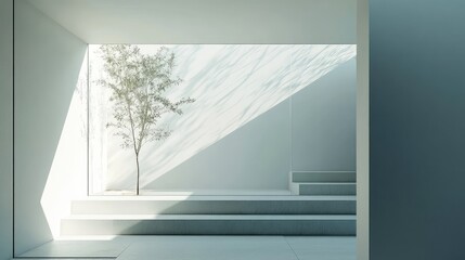 Poster - Minimalistic interior showcasing light-toned walls and soft natural light illuminating a corner with a small tree in a serene home environment