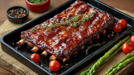 Poster - Baked beef rib dish glazed in sweet sauce garnished with tomatoes and asparagus on a rustic wooden table with assorted spices
