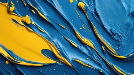 Fototapete - Vivid blue and yellow paint texture background with dynamic swirls and ample copy space ideal for modern graphic design and creative projects.