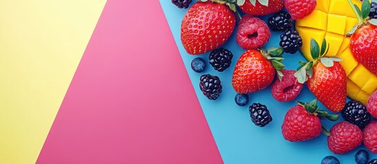 Aufkleber - Vibrant assortment of strawberries raspberries mango blueberries and blackberries on pink and blue geometric background with yellow accents and text space