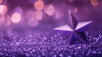 Poster - Glittering violet star on a lilac shimmering backdrop with bokeh effects creating a magical and festive atmosphere