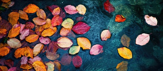 Poster - Colorful autumn leaves floating on tranquil dark water surface with ample empty space for creative text, capturing seasonal natural beauty.