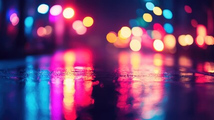 Poster - Neon light reflections on wet city streets at night creating a vibrant blurred backdrop ideal for text overlay and design projects