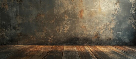 Poster - Vintage interior design showcasing a warm wooden floor alongside a textured industrial concrete wall for creative inspiration