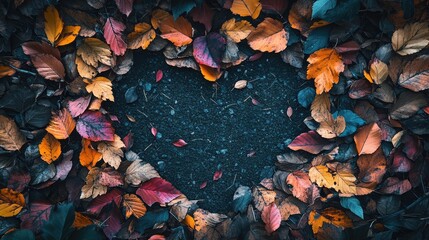 Poster - Vibrant Autumn Leaves in Red Orange and Yellow Forming a Heart Shaped Border on a Dark Ground Background in a Seasonal Park Setting