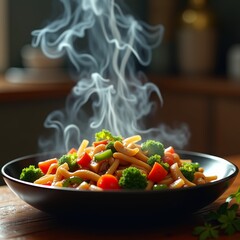 Canvas Print - A steaming bowl of noodles and vegetables