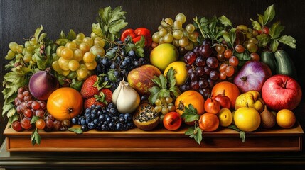 Poster - Colorful Collection of Fresh Seasonal Fruits and Vegetables Displayed on a Wooden Tray Against a Dark Background with Lush Greenery