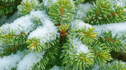 Poster - Spruce branch adorned with fresh snow showcasing vibrant green needles in selective focus during winter season