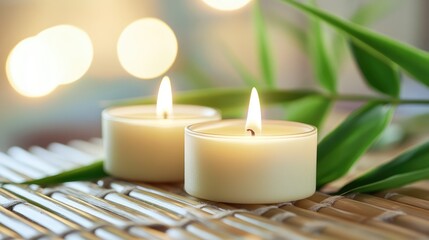 Poster - Aromatic candles glowing on bamboo mat surrounded by greenery creating a serene and calming atmosphere for relaxation and wellness.