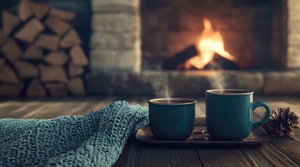 Poster - Cozy setting with two steaming turquoise coffee cups and a knitted sweater beside a wooden fireplace showcasing a warm glow and textured wooden floor.