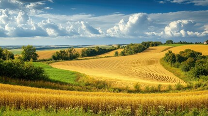 Aufkleber - Scenic Rural Landscape with Golden Fields and Lush Greenery Under a Beautiful Sky