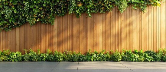 Poster - Vertical Wooden Garden Wall Planter with Green Foliage and Text Space in Sunlit Outdoor Setting Featuring Warm Brown Tones and Textured Paneling