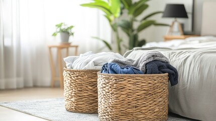 Poster - Baskets of neatly folded clothes in a stylish modern bedroom with natural light and indoor plants creating a warm atmosphere.