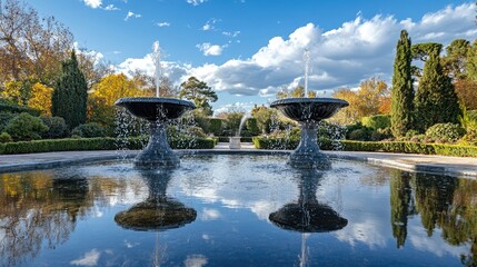 Poster - Serene Twin Fountains Surrounded by Lush Garden Reflecting Blue Sky and Clouds