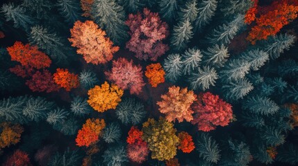 Poster - Aerial view of vibrant autumn trees showcasing a lush palette of red, orange, and green leaves in a forest landscape with ample copy space.