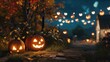 © AImmersive Imagery - Vibrant autumn night Halloween scene featuring glowing realistic pumpkins on a rustic path with colorful string lights illuminating the atmosphere.