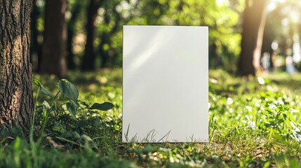 Aufkleber - Blank Vertical White Canvas in Lush Green Park Surrounded by Nature and Sunlight Ideal for Creative Outdoor Presentations