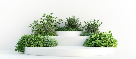 Poster - Vertical White Podium Displaying Lush Green Plants Against a Clean White Background with Ample Negative Space for Text and Branding