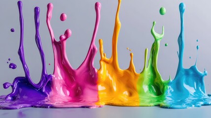 Fototapete - Dynamic Colorful Paint Splashes in Purple Pink Yellow Green and Blue Against a Light Gray Background for Creative Design and Artistic Projects
