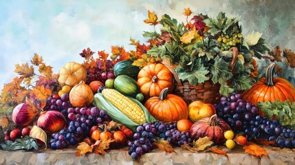 Poster - Vibrant Autumn Harvest Still Life with Assorted Fresh Fruits and Vegetables in Rich Colors on Rustic Background