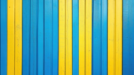 Poster - Vibrant Vertical Stripes of Yellow and Blue on Wooden Surface for Modern Background and Design Inspiration