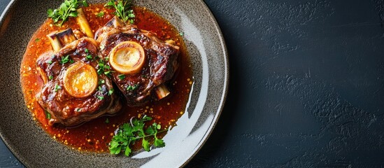Poster - Traditional osso buco dish featuring tender veal shank in rich sauce served on a stylish plate with space for text on a dark background
