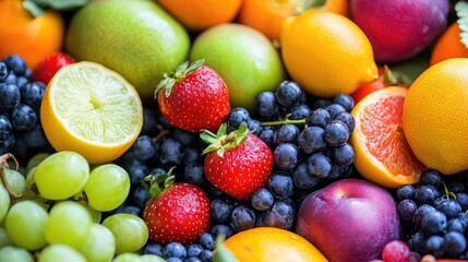 Poster - Fresh assortment of vibrant fruits including strawberries, blueberries, oranges, and lemons arranged beautifully for a colorful display