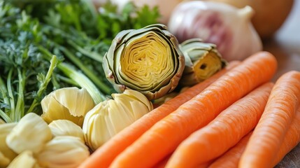 Poster - Fresh and colorful assortment of carrots artichokes and herbs for a healthy vegan salad preparation