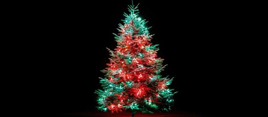 Poster - Vibrant red and green Christmas tree sparkling with twinkling lights capturing the essence of festive holiday spirit and joy