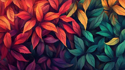Poster - Vibrant autumn foliage with rich red and orange leaves contrasting against deep green and purple backgrounds, showcasing nature's seasonal transition.